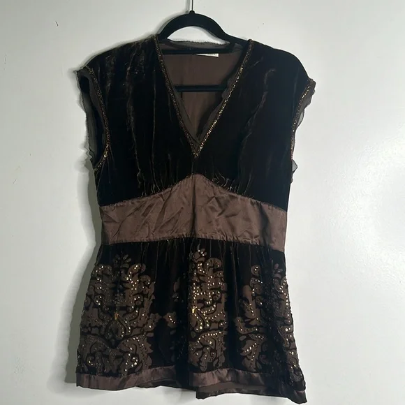 MARELLA brown velvet embellish  Regencycore burnout  baby doll top size 8 Fariy - Picture 5 of 11
